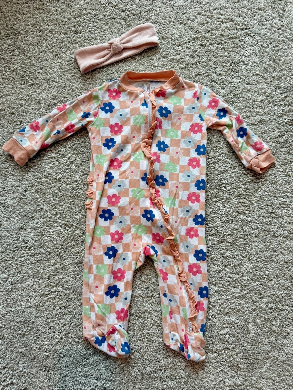Milkbaby bamboo Baby girl floral checkered footie pajamas with headband.